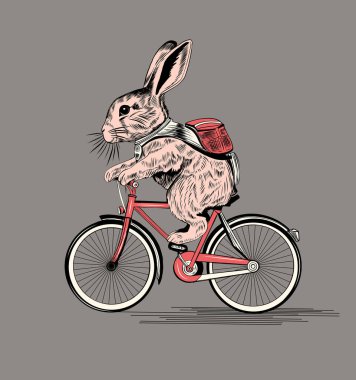 Paskalya tavşanı, bisiklete binen yumurtalı şirin tavşan. Tebrik kartı ve poster için eski moda, klasik hisse senedi vektör çizimi