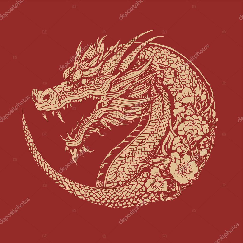 Japanese dragon illustration. Vector graphics for t-shirt prints and other uses