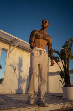 Dövmeli, güneş gözlüklü, evin çatısında poz veren çekici bir erkek.