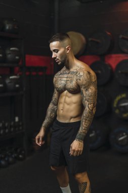 Spor salonunda poz veren yakışıklı kaslı adam.