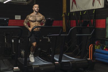 Genç kaslı adam spor salonunda egzersiz yapıyor.