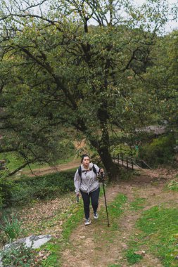 Sırt çantalı genç adam ormanda yürüyor.