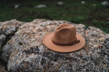 Geçmişi bulanık kahverengi bir şapkanın dikey görüntüsü.