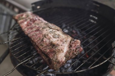 Baharatlı ızgara et ve mangalda otlar..