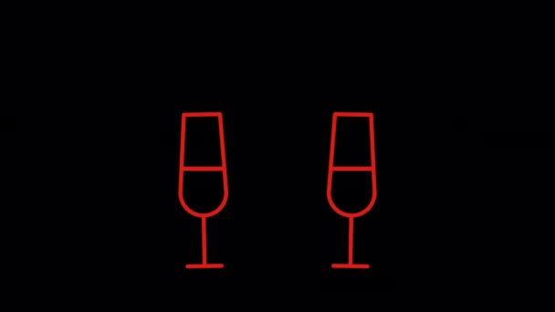 动感的欢呼香槟酒杯图标 设计为扁平图标风格 带有红色轮廓 情人节和约会概念图标 — 图库视频影像