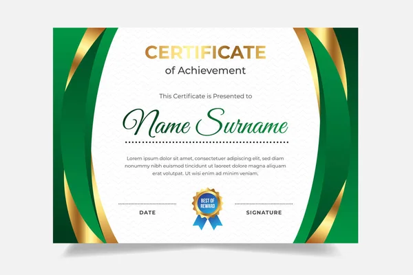 Złoto Zielony Wzór Certyfikatu Odznaką Nadaje Się Osiągnięcia Dyplom Nagrody — Wektor stockowy