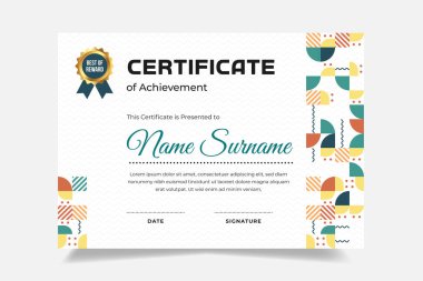 Memphis 'in ikon rozetli başarı şablonu. Modern sertifika tasarımı. Çalışan ödülleri için mükemmel..