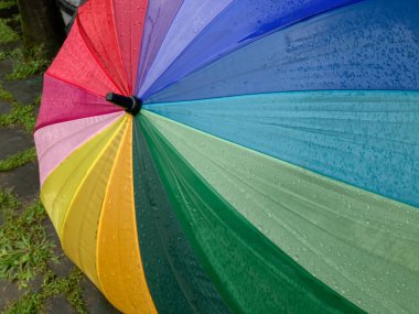 Gök kuşağının üzerine gökkuşağı renginde yağmur damlaları düşer. 