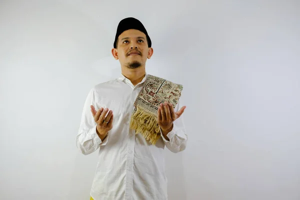 Bonito Muçulmano Asiático Homem Fazendo Mão Orando Gesto Ramadã Ied — Fotografia de Stock