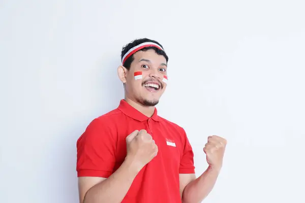 Indonesian Man Clenched Both Fist Showing Excitement Celebrating Independence Day — Stok Foto