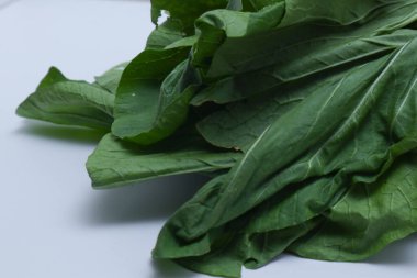 Beyaz arkaplanda izole edilmiş hardal yeşillikleri fotoğrafı