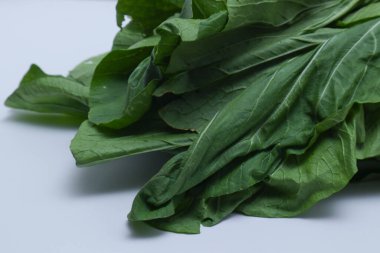 Beyaz arkaplanda izole edilmiş hardal yeşillikleri fotoğrafı