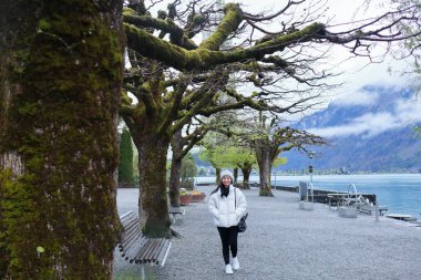 Kış kıyafetleri giyen Asyalı bir kadın, Brienz İsviçre 'nin manzarasının tadını çıkarıyor.