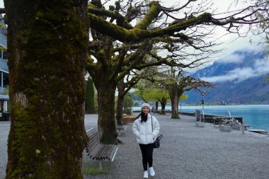 Kış kıyafetleri giyen Asyalı bir kadın, Brienz İsviçre 'nin manzarasının tadını çıkarıyor.