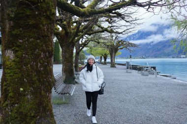 Kış kıyafetleri giyen Asyalı bir kadın, Brienz İsviçre 'nin manzarasının tadını çıkarıyor.