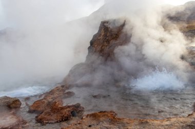 Şili sınırındaki Atacama Çölü volkanik bölgesinde Bolivya ile birlikte El Tatio Gayzerleri 'nde su ve duman kaynıyor.