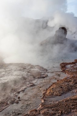 Şili sınırındaki Atacama Çölü volkanik bölgesinde Bolivya ile birlikte El Tatio Gayzerleri 'nde su ve duman kaynıyor.
