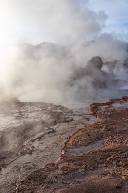 Şili sınırındaki Atacama Çölü volkanik bölgesinde Bolivya ile birlikte El Tatio Gayzerleri 'nde su ve duman kaynıyor.