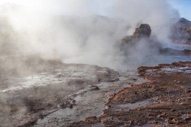 Şili sınırındaki Atacama Çölü volkanik bölgesinde Bolivya ile birlikte El Tatio Gayzerleri 'nde su ve duman kaynıyor.
