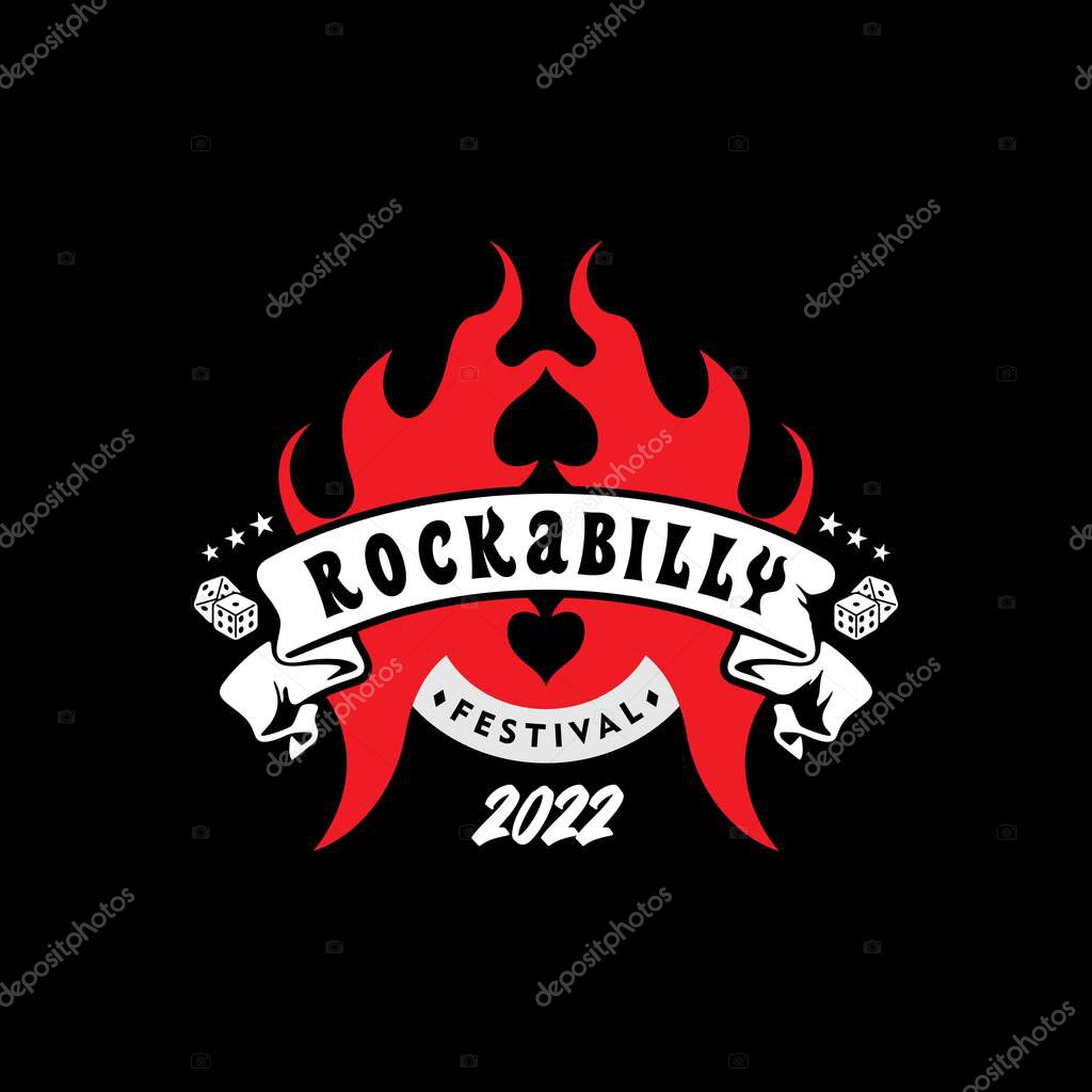 Flames with Rockabilly Lettering Banner For Music Festival And Casino Logo, Vintage Retro Logo Design