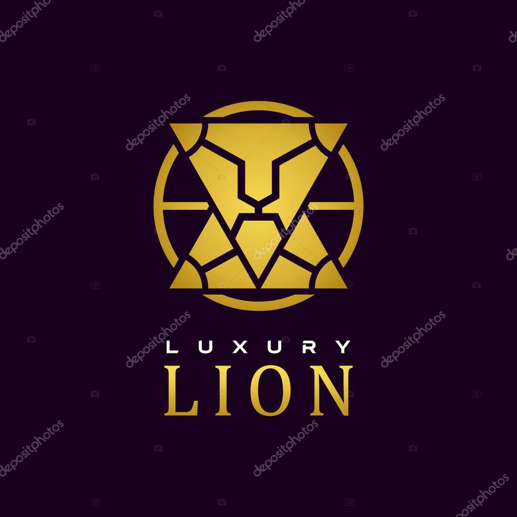 Minimalist Luxury Lion Face Logo Design, Golden Lion Head Geometric Style