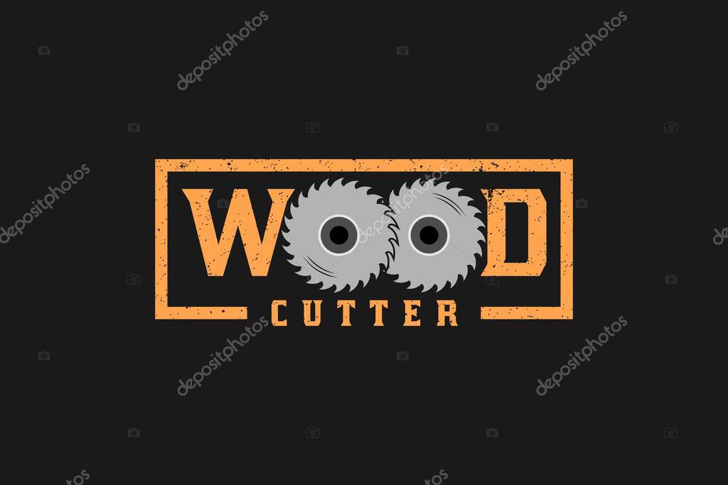 Wood Cutter Typography With Circular Saw For Wood Industry Logo, Carpenter, Lumberjack