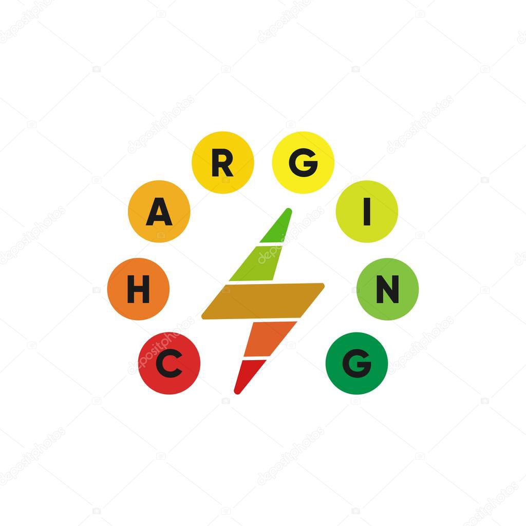 Rainbow Battery Charging typography logo illustration With Lightning For Level Battery Symbol