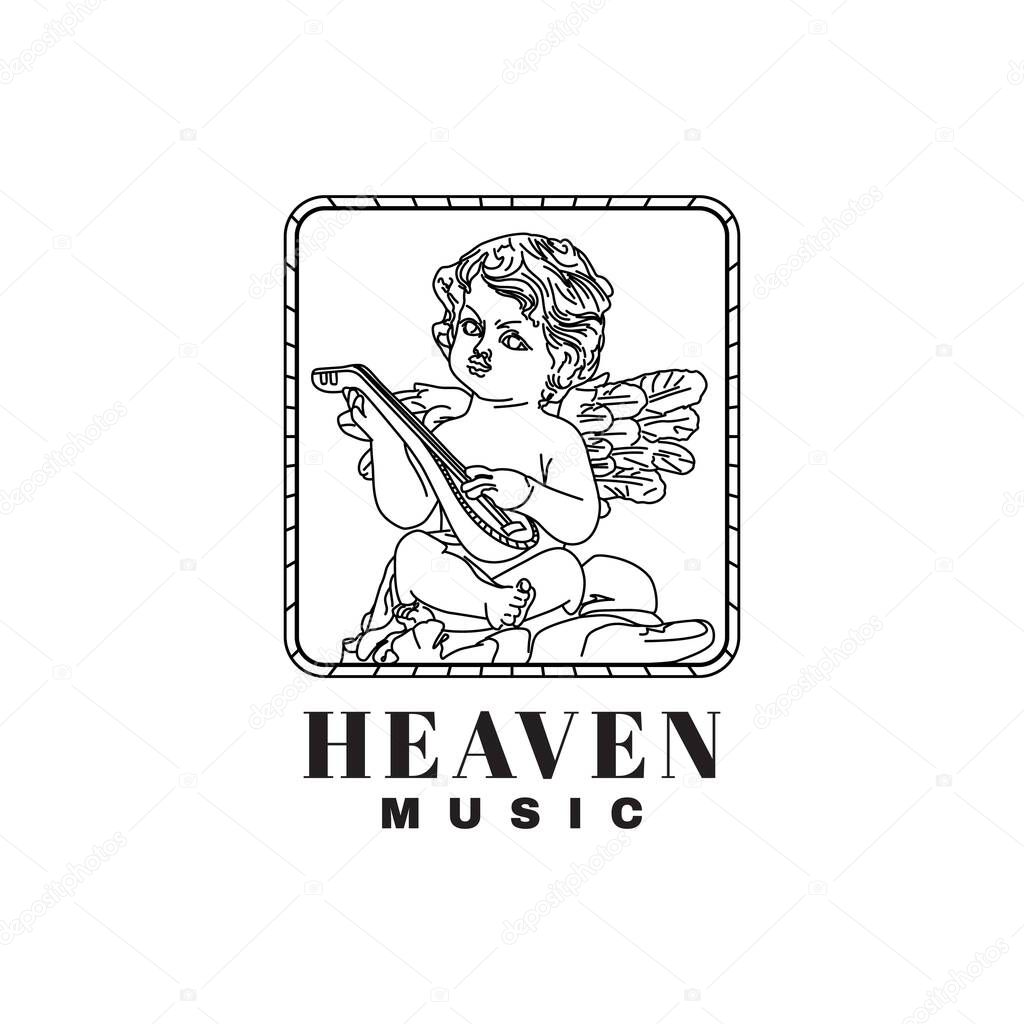 Baby Angel Playing Ukulele Line Art Style Vector Design. Guitar Angel Logo Emblem