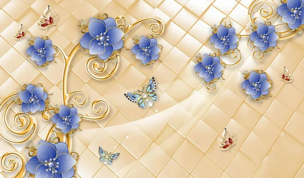 Tapéta Kék Ékszer Virág Pillangó Elvont Háttér Design Otthoni Belső — Stock Fotó