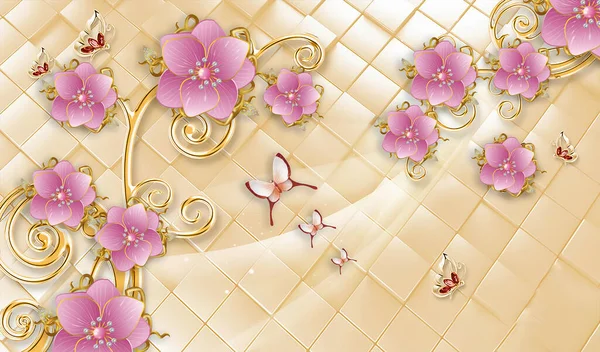 3D wallpaper pink jewelry flower with butterfly 3d abstract background design for home interior