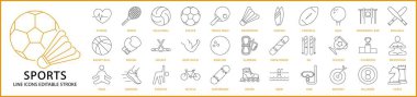 Spor ikonları. Spor simgesi seti. Spor sayfası simgeleri. Vektör çizimi. Düzenlenebilir vuruş.