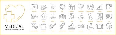 Tıbbi Simge Çizgiye Ayarlandı. Hastane, acil servis, doktor, hat, eczane, klinik, ambulans, reçete, yardım, teşhis, hasta vs. içeriyor. Vektör İllüstrasyonu.