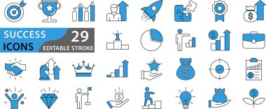 Başarı simgesi ayarlandı. Başarılı iş geliştirme, planlama ve işleme sembolü. Simge vektör koleksiyonu.