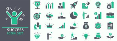 Başarı simgesi ayarlandı. Başarılı iş geliştirme, planlama ve işleme sembolü. Simge vektör koleksiyonu.