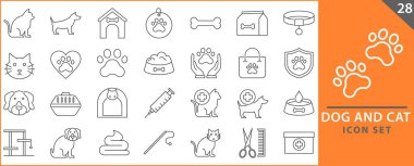 Hayvan simgesi seti. İçinde köpek, kedi ve sembol var. Hayvan bakımı ve veteriner kliniği malzemeleri koleksiyonu. Vektör illüstrasyonu.