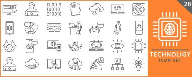 Teknoloji simgesi seti. İçinde ai, robotik, biyometrik, konum belirleme, bulut hesaplama ve otomasyon simgesi var. Simge koleksiyonunu ayarla.