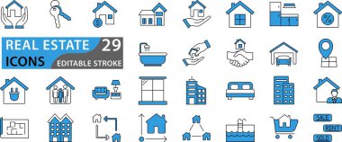 Emlak web simgesi seti. Simgeler arasında emlak, mülk, ipotek, ev kredisi ve daha fazlası vardı. Simge koleksiyonunu ayarla. Basit vektör illüstrasyonu.