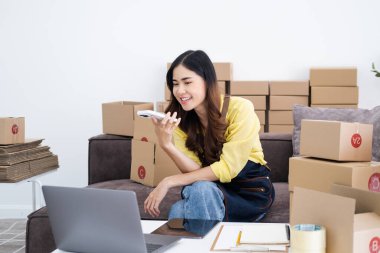 Başlangıçta küçük işletme KOBİ 'si, Girişimci sahibi, paket ürün kutusunu hazırlamak için online alışveriş siparişlerini almak ve kontrol etmek için bilgisayarla telefonda konuşuyor. Çevrimiçi fikirler satılıyor