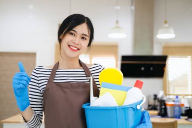 Milenyum hizmetçisi elinde kovayla evin içinde temizlik malzemesi tutuyor, el sıkışıyorlar. Deterjanlı ev hanımı manzarası, ev temizliğine hazır. Hijyenik servis kavramı