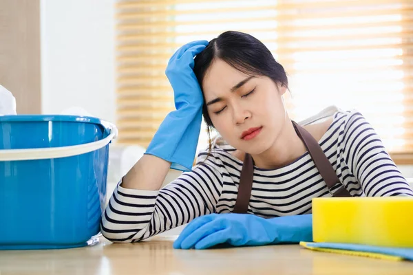 Frustrated Young Woman Apron Blue Rubber Gloves Sitting Kitchen Cleaning — Stock Photo, Image