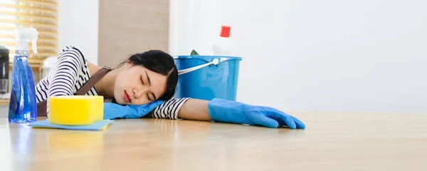 Beautiful Asian Housewife Feeling Tired Doing Housework Exhausted Housekeeper Brown — Stock Photo, Image