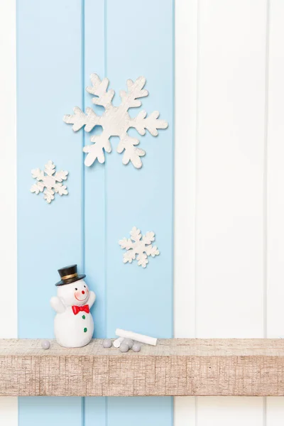 Front View Snowman Wooden Snow Flake Shelf Blue White Wall — Stock Photo, Image
