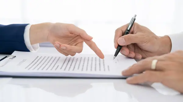 Solicitor Pointing Insurance Contract Showing Male Client Write Signature Sign — Stock Photo, Image