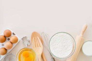 Metin, düz yatak, Üst görünüm için kopyalama alanı ile dekore edilmiş ev yapımı malzemeleri ile parlak arkaplan