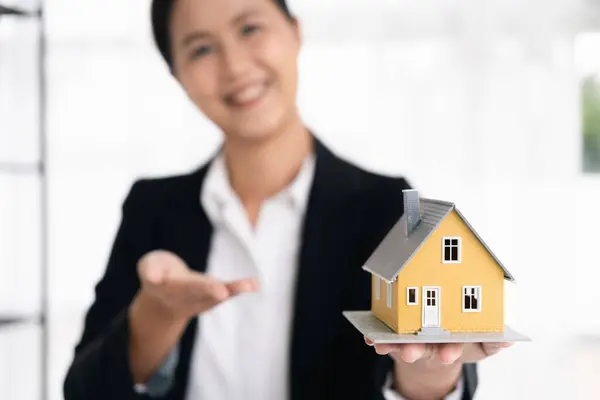 Professional Female Realtor Broker Holding House Model Hands Proposing Renovated — Stock Photo, Image