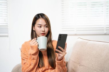 Mutlu gülümseyen kız evde rahat örgü süveter giyerken akıllı telefon kullanıyor, sosyal ağda arkadaşlarıyla sohbet eden çekici genç kadın evde kanepede oturuyor..