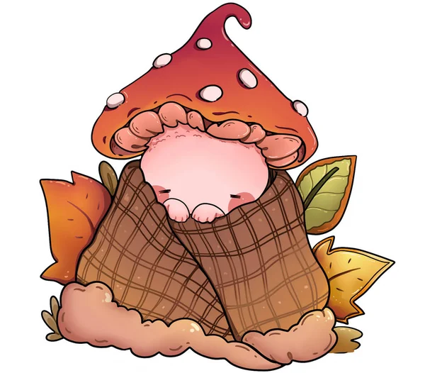 Ein Niedlicher Pilz Schläft Einer Decke Gemütliche Und Lustige Illustration — Stockfoto