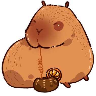 Capybara limon çayı içer. Tatlı Capybara. Dijital çizim. Komik tasarım. Dijital sanat.