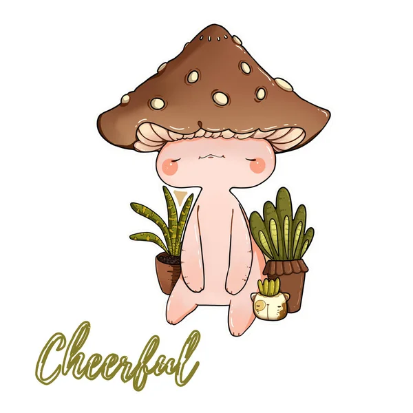 Champignon Joyeux Avec Des Cactus Illustration Numérique Design Drôle Sticker — Photo