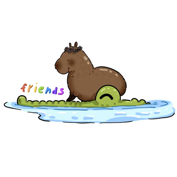 Ilustración Para Los Mejores Amigos Funny Capybara Cocodrilo Pegatina Amigos —  Fotos de Stock